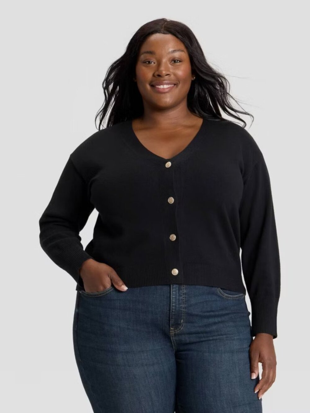 Women's V-Neck Button-Front Cardigan Sweater - Ava & Viv Black 1X